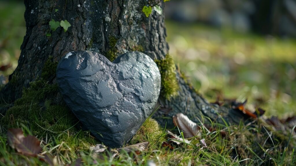 Beerdigung in einem Wald mit einem herzförmigen Stein in der Nähe eines Baumes