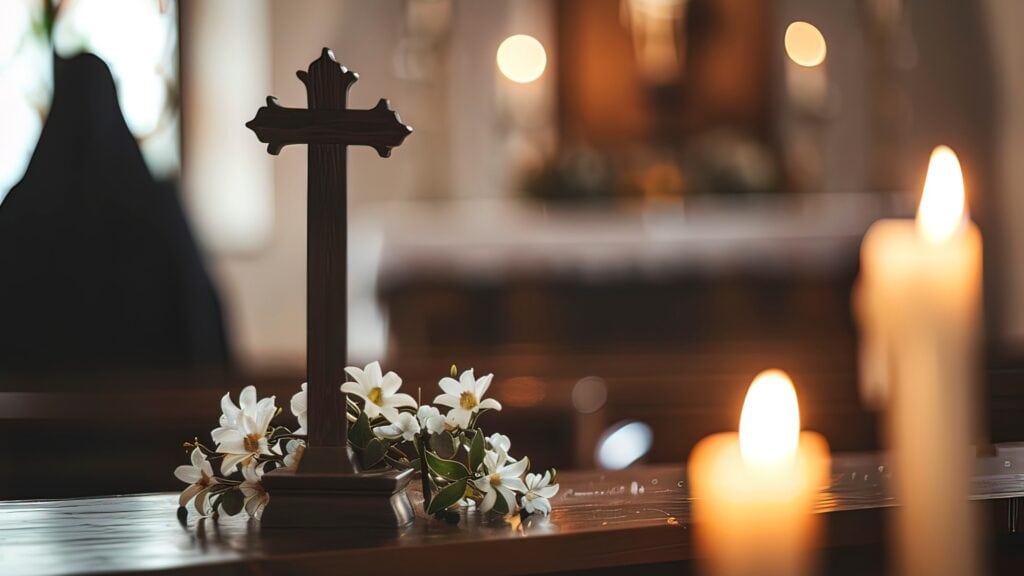 Kreuz mit Blumen und Kerzen in einer Kirche während einer Trauerfeier